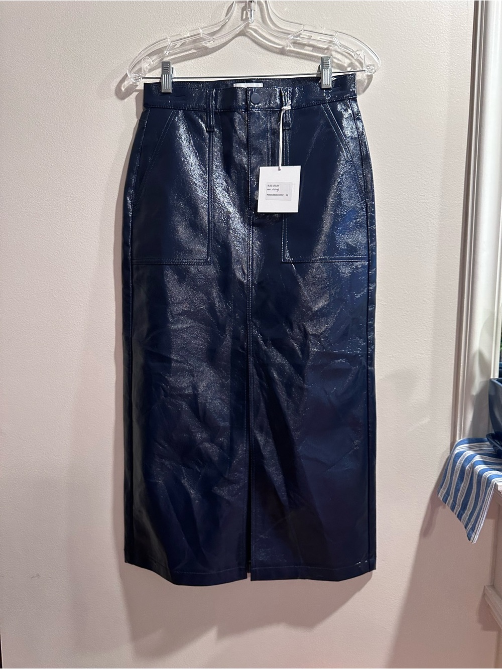 Vegan Leather Midi Skirt with Front Slit - Navy - Picture 5 of 9